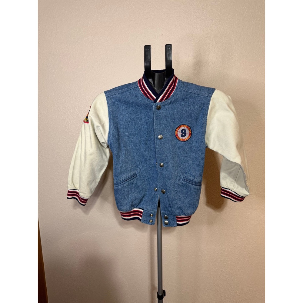 Arizona Jean Company Kids Denim Varsity Jacket Blue Cream Size XL 6X/7 Patch